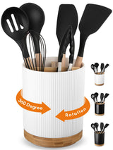 LoeJan 3 Compartment Utensil Holder, 7.2" Extra Large Utensil Crock, Stable Ceramic Utensil Organizer, Cooking Tool Organizer Set for Kitchen Counter Farmhouse Decor LoeJan