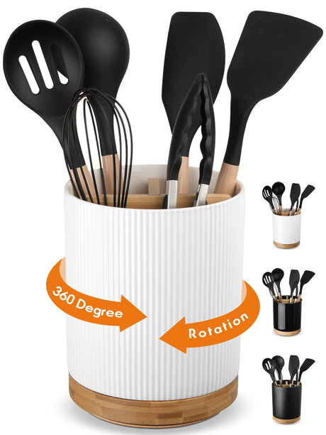 LoeJan 3 Compartment Utensil Holder, 7.2" Extra Large Utensil Crock, Stable Ceramic Utensil Organizer, Cooking Tool Organizer Set for Kitchen Counter Farmhouse Decor LoeJan