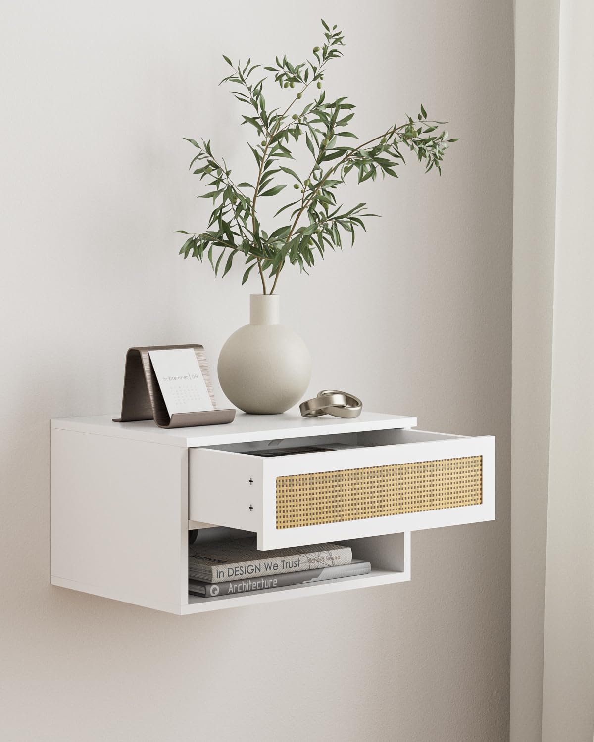 Aienvey Floating Nightstand, Small Modern Floating Nightstand with Drawer, Floating Shelves for Bedroom, Bathroom, White Rattan Aienvey