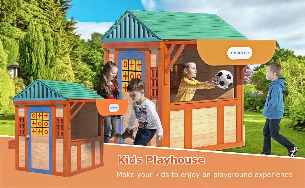 Outdoor Playhouse for Age 3-8 Years Boy Girl, Wooden Cottage Playhouse with 4 Game Awning Window, Ball Wall & Tetris. Play House for Outdoor Garden,