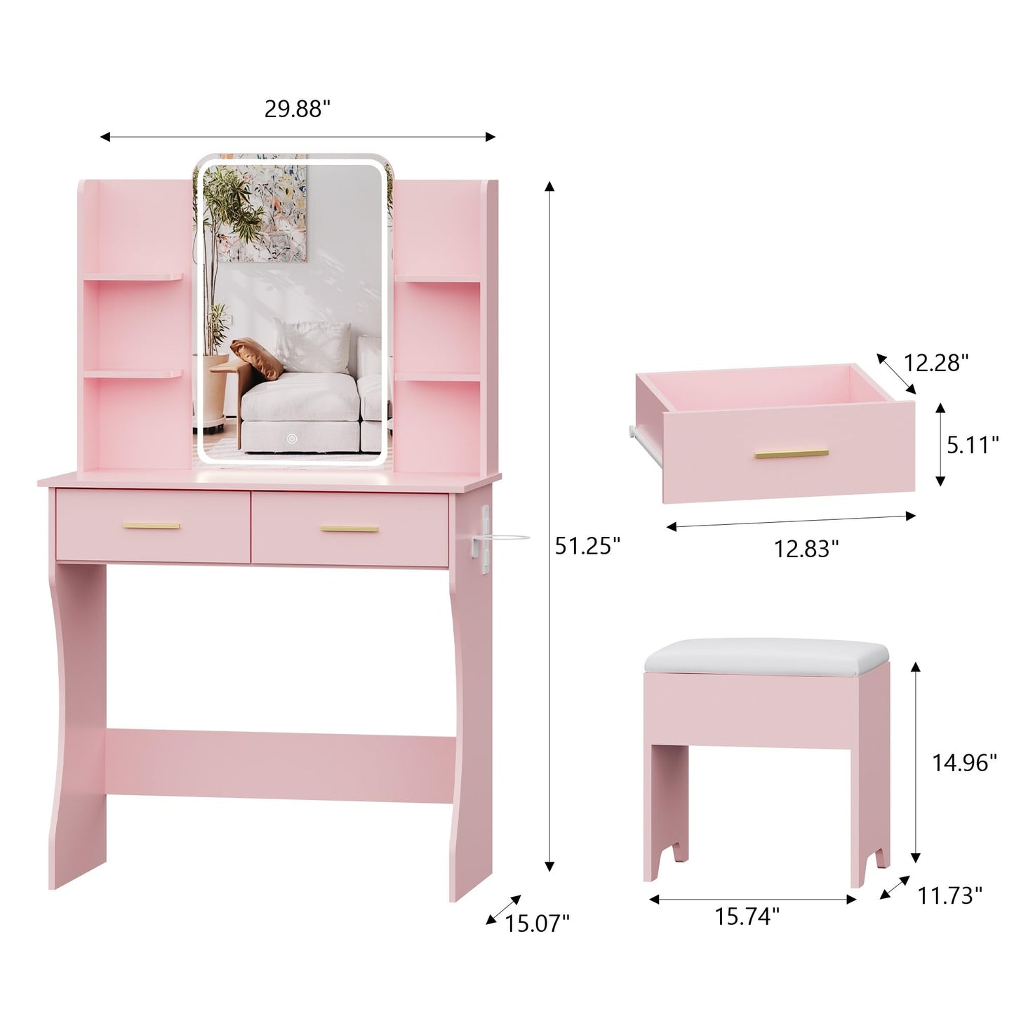 Small Vanity Desk with Mirror and Lights, Makeup Vanity with LED Lights, Pink Vanity Mirror with Lights Desk and Chair, 3 Lighting Adjustable Compact Vanity Mirror with Lights for Women, Girls