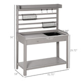 Outsunny Potting Bench Table, Garden Work Bench, Workstation with Metal Sieve Screen, Removable Sink, Additional Hooks and Baskets for Patio, Courtyards, Balcony, Grey Outsunny