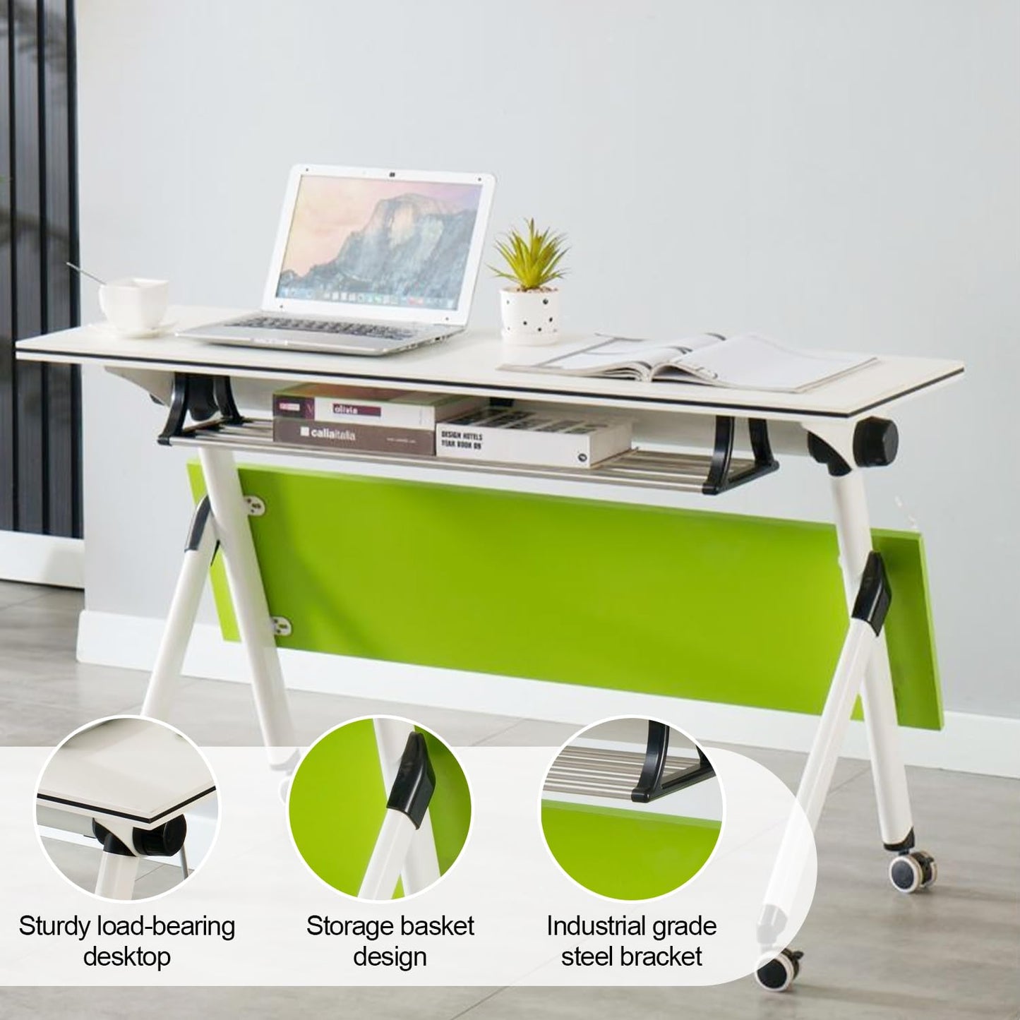 Folding Conference Table with Wheels,1PCS Modern Rectangle Office Meeting Table, Flip Top Training Room Tables Save Space Design for 2 People Movable Computer Desk for Study Working 55.1"x23. - WoodArtSupply