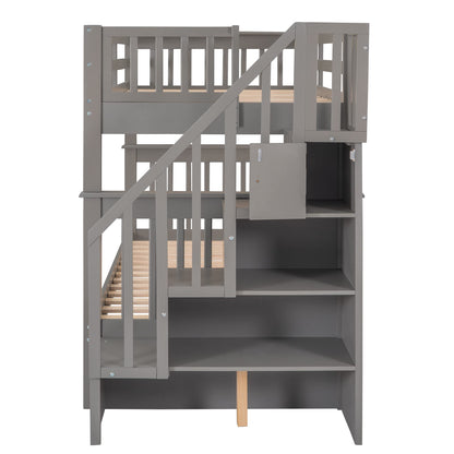 Harper & Bright Designs Twin Over Twin Bunk Bed with Stairs, Solid Wood Bunk Bed Frame with Storage and Guard Rail for Bedroom, Dorm, for Kids, Teens, Adults (Gray)