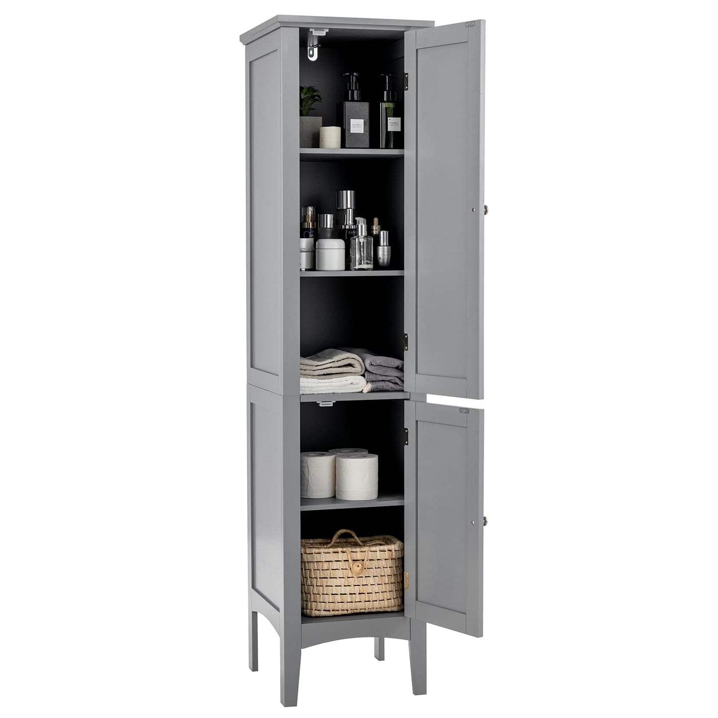 Tangkula Tall Bathroom Storage Cabinet, 5-Tier Wooden Freestanding Tower Cabinet Floor Organizer, Narrow Storage Floor Cabinet w/2 Doors & Shelves for Bathroom Living Room Kitchen (Grey)