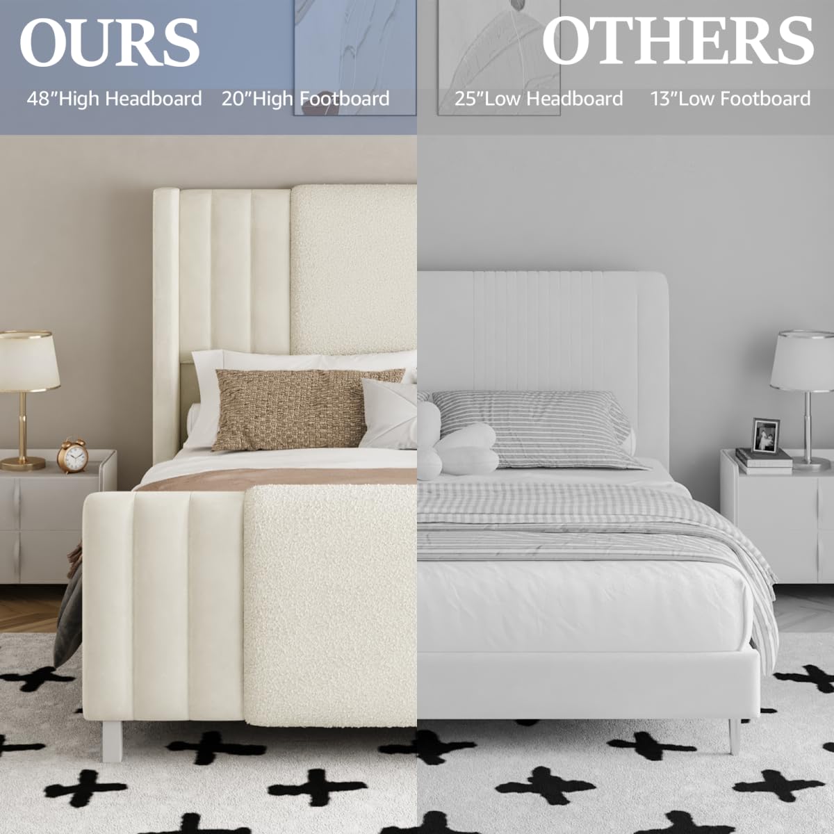 Lihimte Queen Size Bed Frame with Tall Headboard and Footboard, Boucle and Velvet Upholstered Bed Frame Queen with LED Lights, Modern Platform Bed Frames, Noiseless, Easy Assembly, White Lihimte