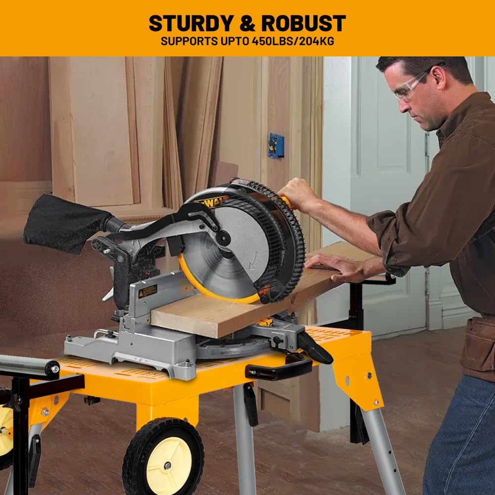 Yeeoy Miter Saw Stand, Heavy Duty Folding Miter Saw Stand with Roller Mounting Bars, Height Adjustable, Collapsible and Portable, Yellow. Yeeoy
