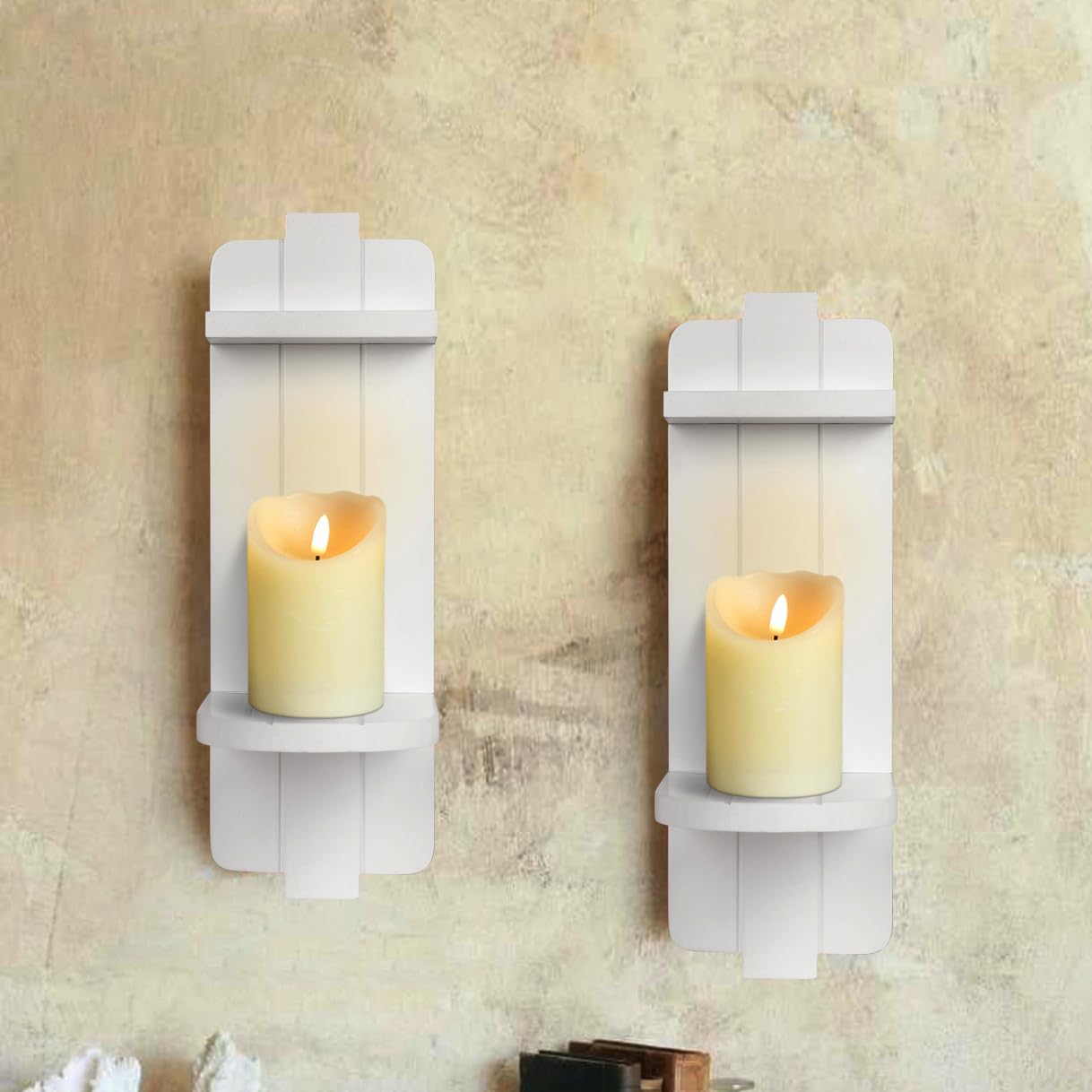 Rustic Wood Wall Sconces Set of 2 - Farmhouse Floating Candle Holders for Home Decor, White Wall Shelf for Living Room, Dining Room, Bedroom, Bathroom - WoodArtSupply