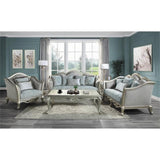 Acme Qunsia Sofa with 5 Pillows in Light Gray Fabric and Champagne Acme