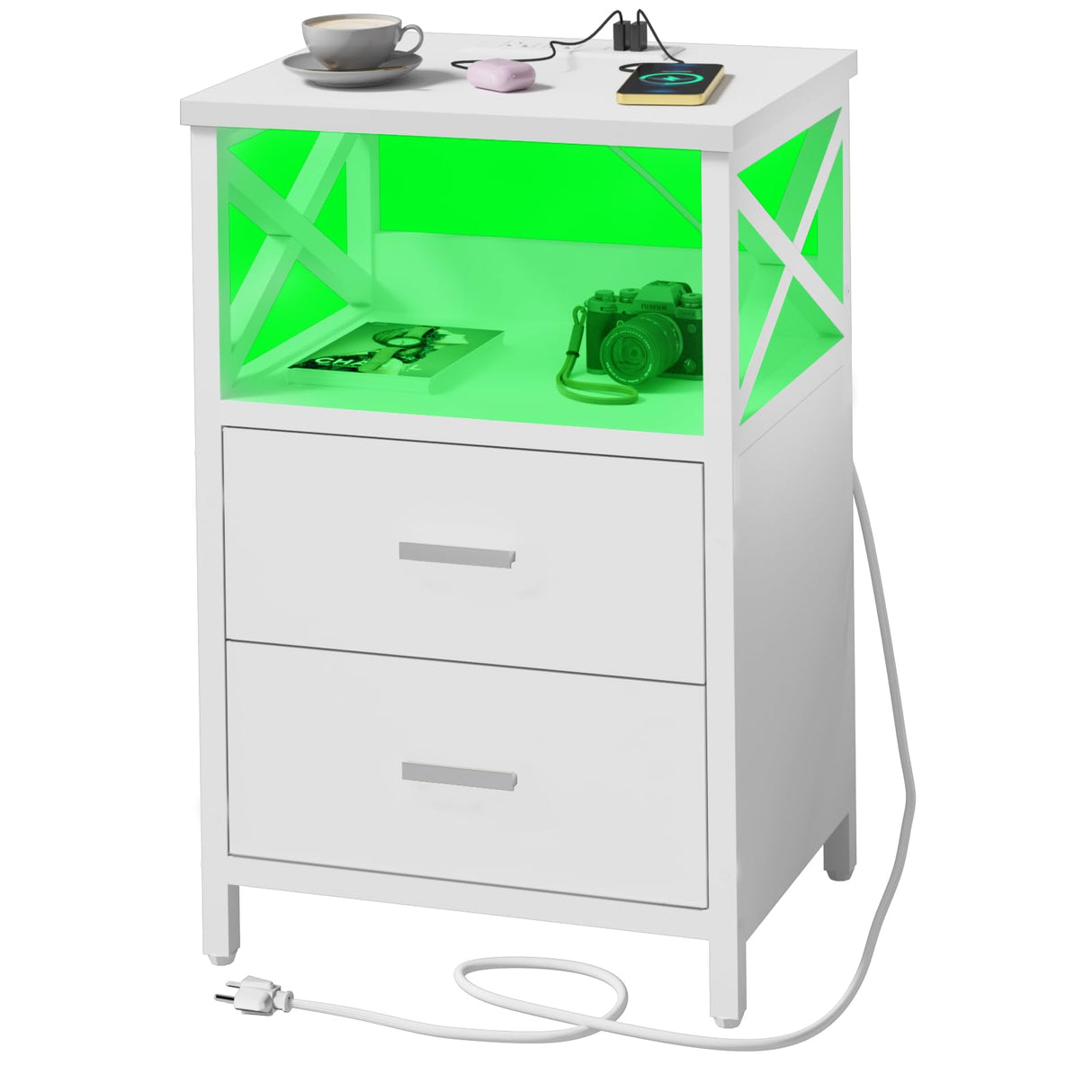 HDDDZSW LED Nightstand with Charging Station, Side Table with USB Ports and Outlets, End Table for Small Spaces, White Bedside Tables with Fabric-Wood 2-in-1 Drawer for Bedroom, Living Room, Office HDDDZSW