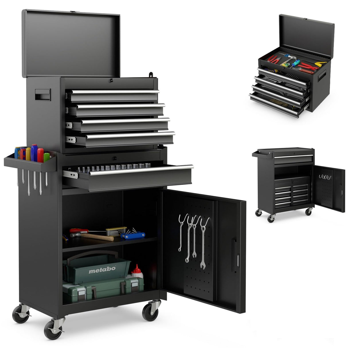 Goplus Rolling Tool Chest, 5 Drawers Tool Storage Cabinet with Universal Lockable Wheels, Detachable Top Toolbox, Lock Bar, Protective Liner, Heavy Duty Metal Tool Cart, Tool Box for Workshop Garage Goplus