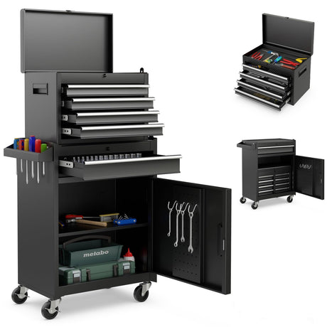 Goplus Rolling Tool Chest, 5 Drawers Tool Storage Cabinet with Universal Lockable Wheels, Detachable Top Toolbox, Lock Bar, Protective Liner, Heavy Duty Metal Tool Cart, Tool Box for Workshop Garage Goplus