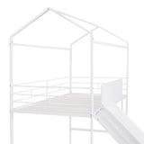 Twin House Loft Beds with Slide and Chalkboard, Low Loft Bed Twin Size, Metal House Bed with Guardrail and Ladder, Metal Twin Size Loft Bed for Kids Teens Girls Boys (Twin, White) Harper & Bright Designs