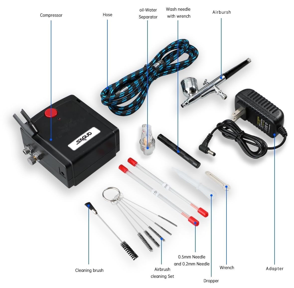 SAGUD Professional Mini Airbrush Kit with Portable Compressor - Perfect for Painting, Hobby, Craft, Model - Dual-Action Gravity Feed Air Brush Gun with Airbrush Cleaning Kit SAGUD