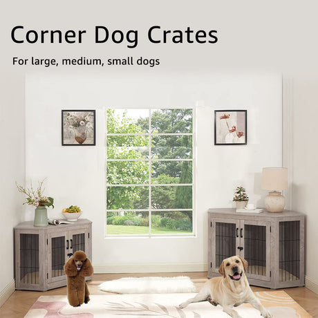 beeNbkks Furniture Dog Crate Corner, Dog Kennel Corner Wooden End Table with Cushion, Indoor Pet Crates Corner Side Table for Dogs, Wide Top Perfect for Limited Room(Large, Weathered Gray) beeNbkks
