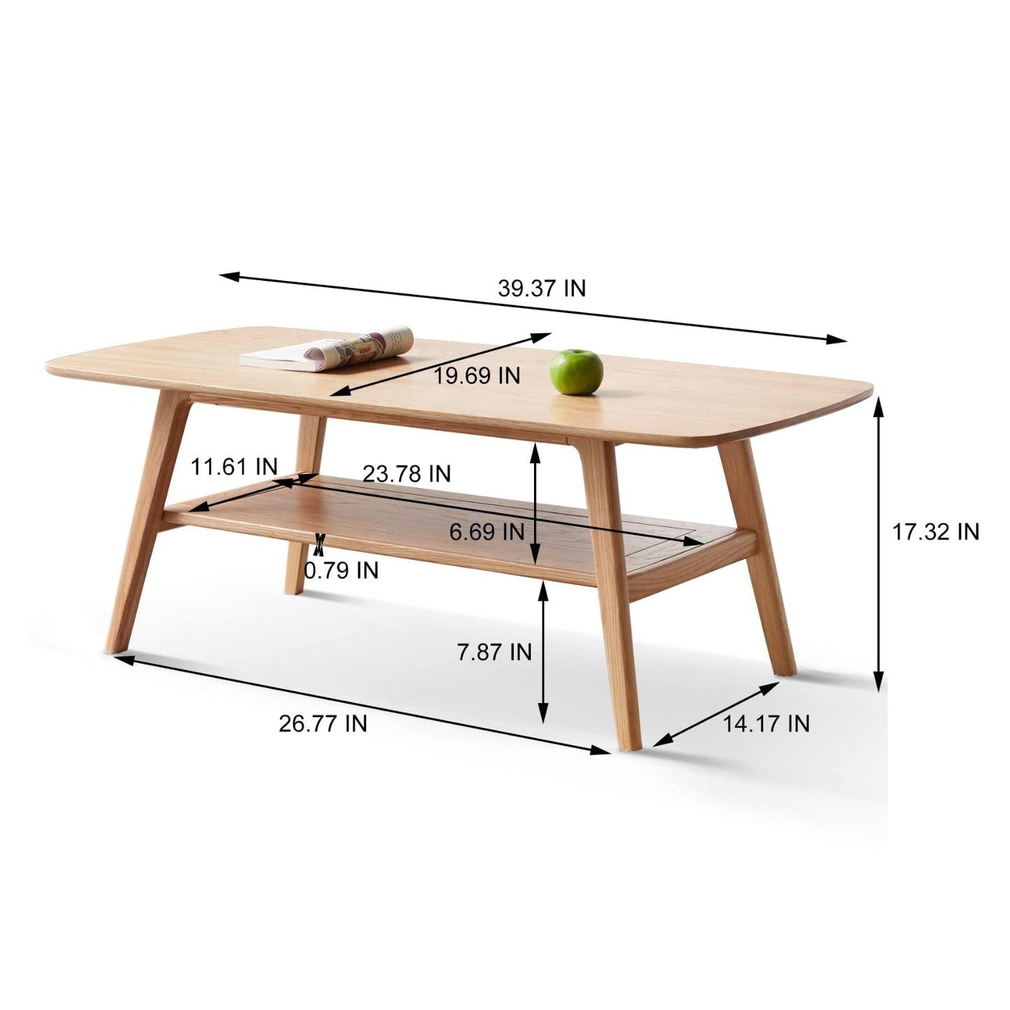 Grewood Wood Coffee Table - 2-Tier Oak Coffee Table - Modern Center Coffee Table with Storage Shelf for Living Room, Apartment, and Office - WoodArtSupply