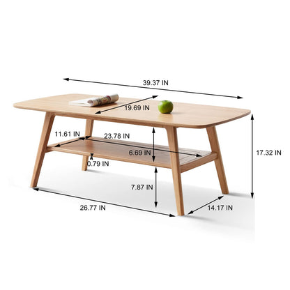 Grewood Wood Coffee Table - 2-Tier Oak Coffee Table - Modern Center Coffee Table with Storage Shelf for Living Room, Apartment, and Office - WoodArtSupply