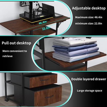 Movable Heat Press Table with Pull-Out Tray, 4 Tier Foldable Heat Press Stand with Drawers - Heat Press Stand with Wheels for Easy Mobility, Heavy Duty Rolling Metal Workbench (Brown)