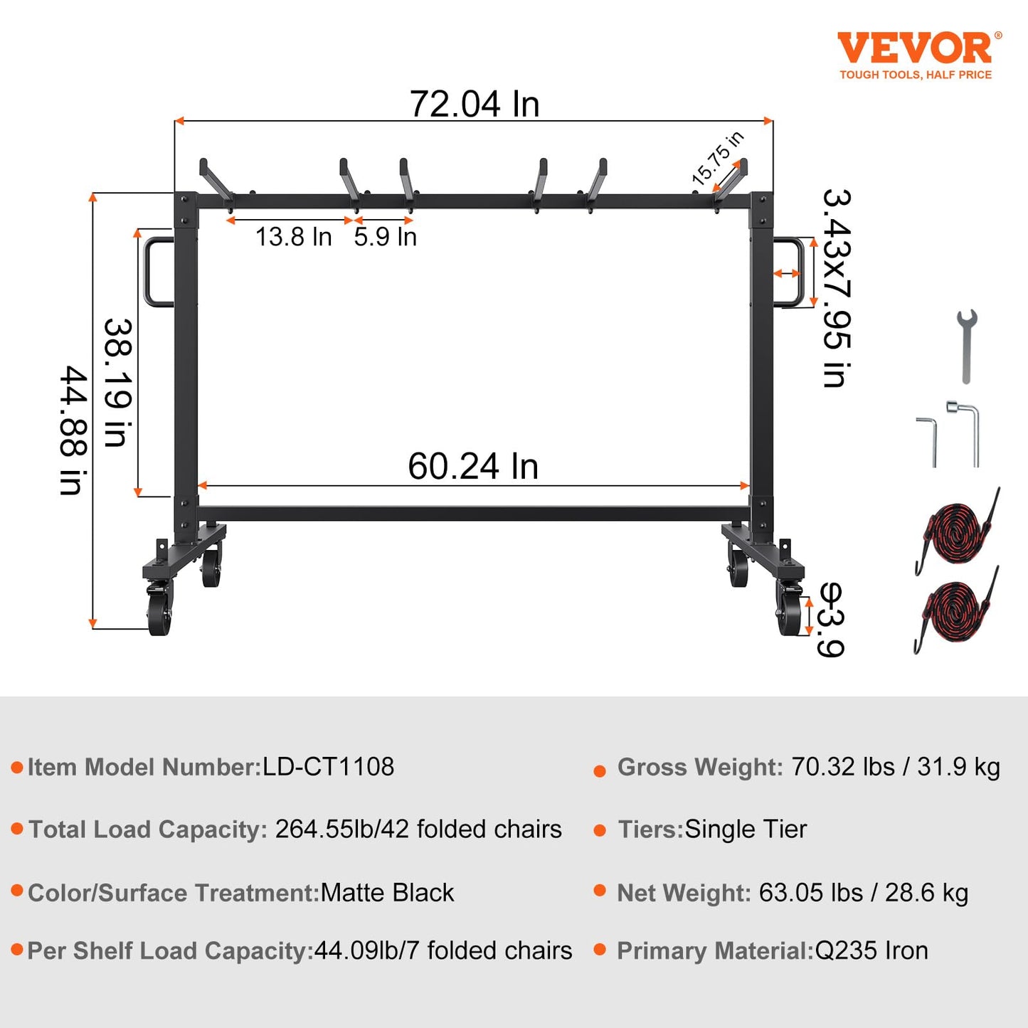 VEVOR Folding Table and Chair Cart, Heavy Duty Metal Folding Chair Rack with PVC Locking Wheels for 42 Folding Chairs, 265 Lbs Capacity Chair Rack with 4 Casters, 2 Elastic Cords, Cover, Matte Black