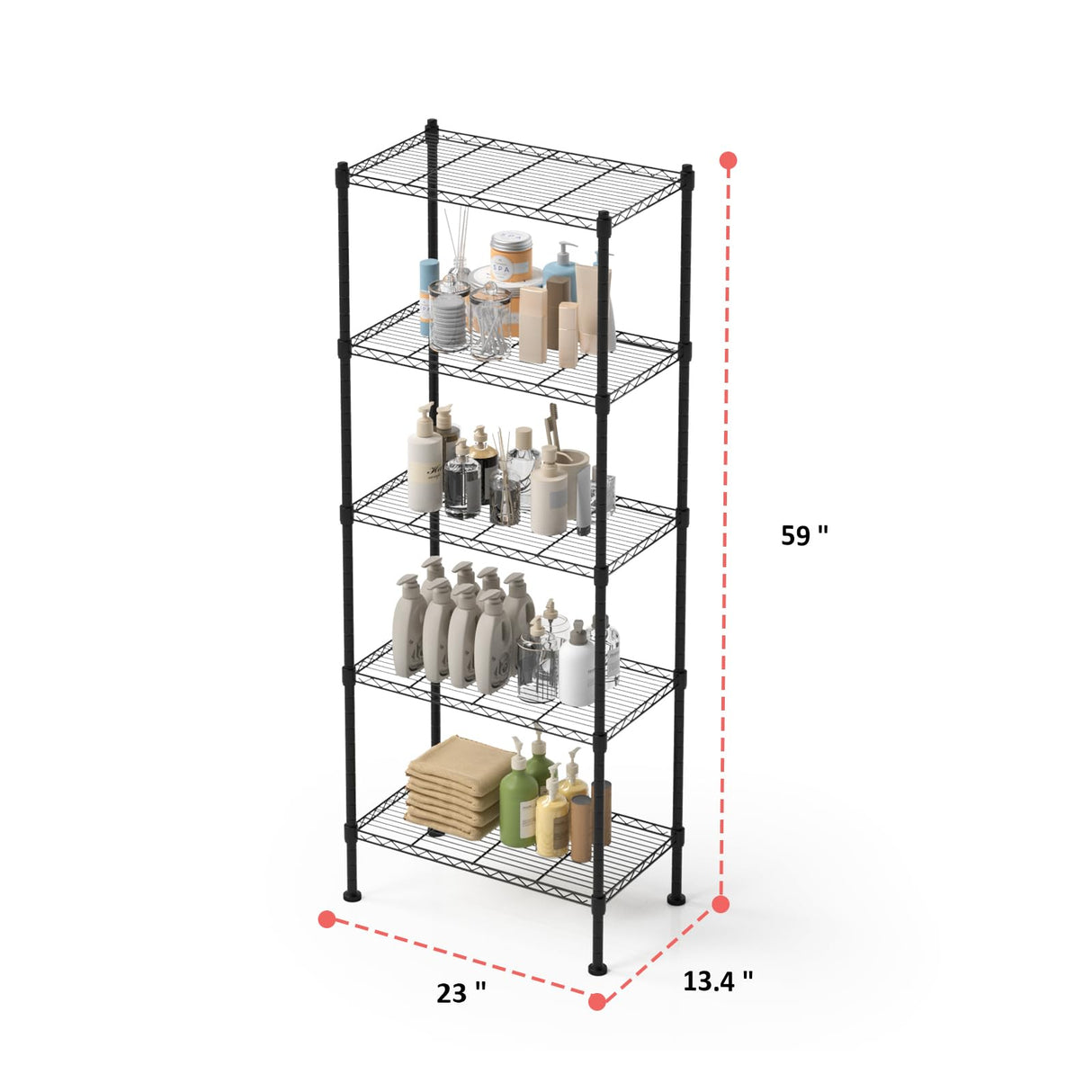 FUXRYTH 5 Tier Shelving Unit, 176 LBS Per Shelf Height Adjustable Narrow Storage Shelves, Heavy Duty Metal Garage Metal Shelves for Kitchen, Restaurant, Pantry, Laundry, 23"x 13.4"x 59", Black FUXRYTH