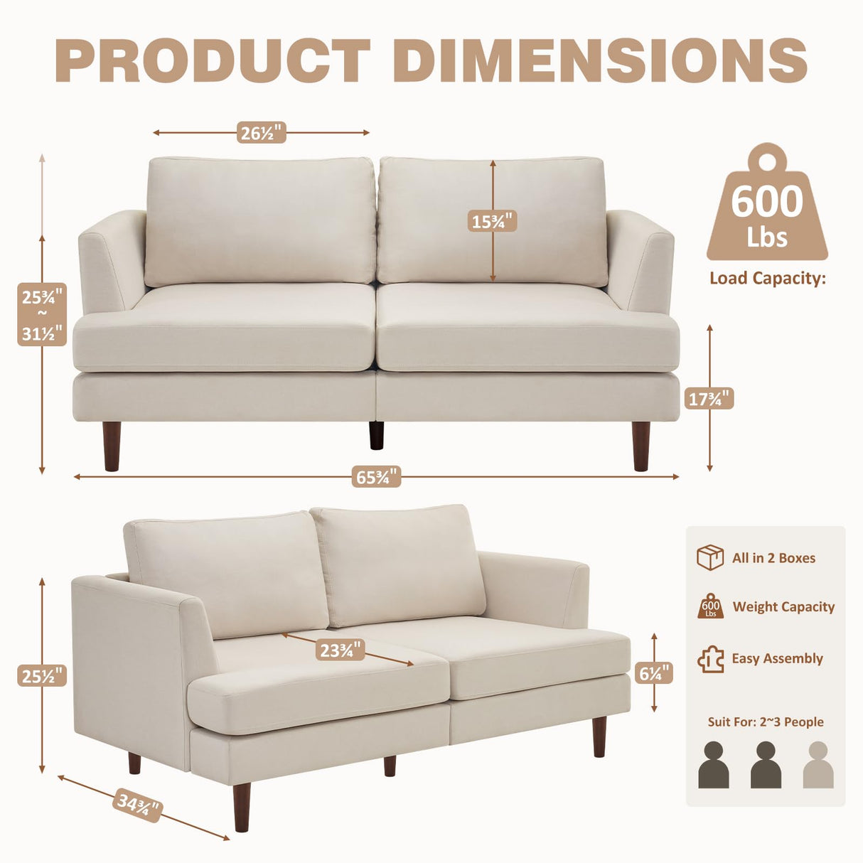 Furnimart Loveseat Sofa 66" W, Deep Seat Sofa for Living Room, 2-Seat Mid Century Couch, Comfy Cloud Couch with Removable Upholstered Cushion Cover, Modern Sofa for Office, Apartment, Bedroom, Beige Furnimart
