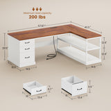 SEDETA L Shaped Desk, Farmhouse Desk with Drawers and Storage Shelves, Executive Home Office Desk with Power Outlet, File Cabinet Storage, Wood Corner Computer Desk, White SEDETA