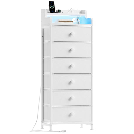 REAHOME Dresser for Bedroom with Charging Station and LED Lights, 6 Drawers Dresser White Chest of Drawers with Shelves, Tall Night Stand with Sturdy Steel Frame & Wood Top for Bedroom - Leather White REAHOME