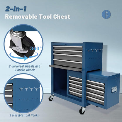 Rolling Tool Chest, 13-Drawer Rolling Tool Storage Cabinet with Detachable Top Tool Box, Universal Lockable Wheels, Locking Mechanism, Metal Tool Cart for Garage Workshop (Blue&Grey) - WoodArtSupply