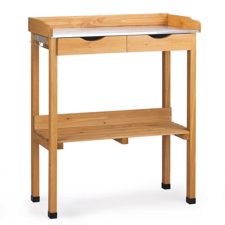 36.4" H Outdoor Potting Bench with Storage, Wooden Workstation Garden Potting Table with Metal Tabletop, 2 Drawers, Shelf and 3 Hooks, All-Weather Work Station for Garden, Patio & Lawns (Wood Color) BIVVI