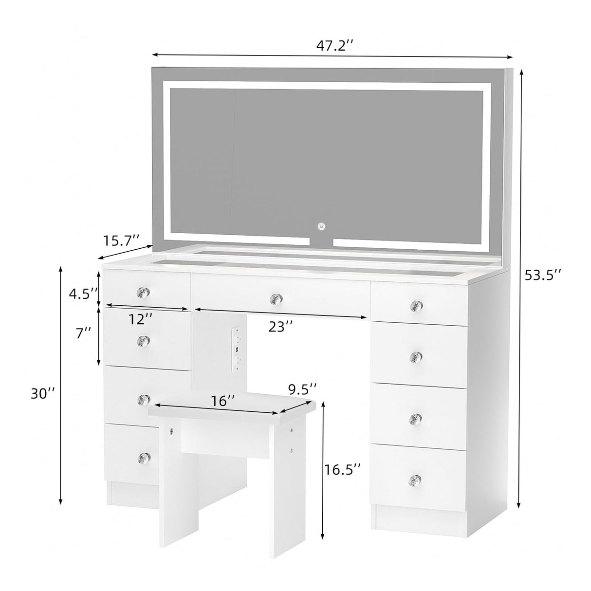 VOWNER Vanity with Lighted Mirror - 47" Glass Top Makeup Vanity Desk with 9 Drawers and Power Outlet, 3 Color Lighting Modes Adjustable Brightness, Makeup Desk with Cushioned Stool for Bedroom, White VOWNER