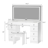 VOWNER Vanity with Lighted Mirror - 47" Glass Top Makeup Vanity Desk with 9 Drawers and Power Outlet, 3 Color Lighting Modes Adjustable Brightness, Makeup Desk with Cushioned Stool for Bedroom, White VOWNER