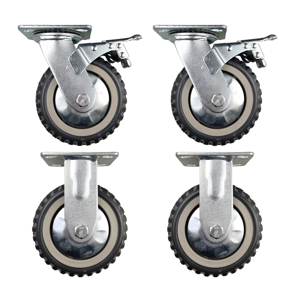 KUNMIN Set of 4 Heavy Duty Casters, 6 inch Polyurethane Ball Bearing Heavy Duty Castor, 2 Fixed Wheels & 2 Lockable Wheels, 6 inch Casters Wheel KUANMIN