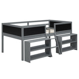 SOFTSEA Twin Size Low Loft Bed with Movable Shelves, Chalkboard, and Guardrail in Grey SOFTSEA