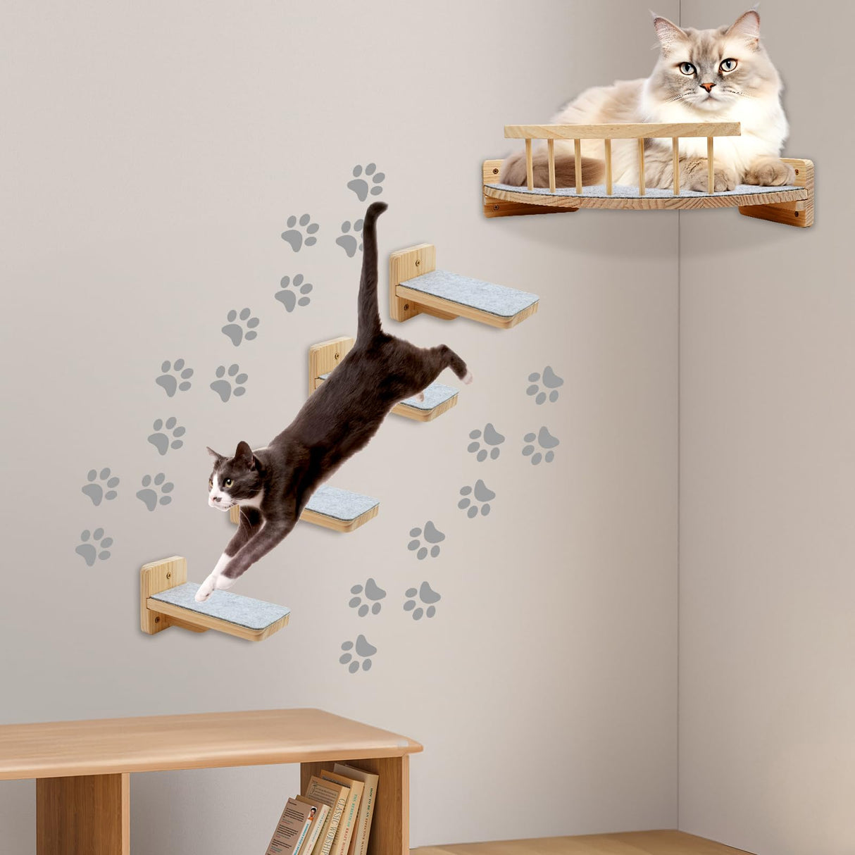 Cat Wall Shelves with 4 Step Scratch Post & Hammock Bed Wooden Floating Climbing Furniture for Sleeping and Playing Indoor Cat Climbing Shelf Corner Shelf Perches Support 20 LBS Housense