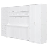 SOFTSEA Full Size Murphy Bed with Desk, Horizontal Murphy Bed with Storage Wardrobe Drawers and Shelves, Hidden Wall Bedframe for Guest Room, Bedroom, Office, White SOFTSEA