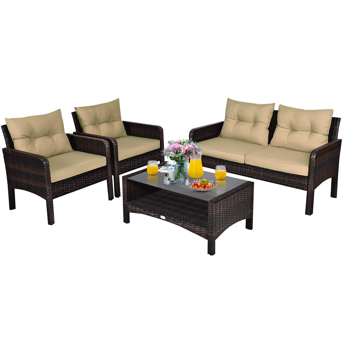 Tangkula 4 Piece Patio Furniture Set, Outdoor Wicker Conversation Set with Glass Top Coffee Table, All Weather Proof and Thick Cushions, Suitable for Porch, Garden, Poolside and Lawn (Brown) Tangkula
