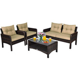 Tangkula 4 Piece Patio Furniture Set, Outdoor Wicker Conversation Set with Glass Top Coffee Table, All Weather Proof and Thick Cushions, Suitable for Porch, Garden, Poolside and Lawn (Brown) Tangkula