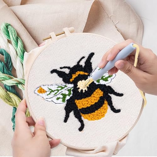 Nuberlic Punch Needle Kit for Beginners Cute Bee Pattern DIY Hoop Embroidery Punch Needle Starter Craft Set with Pre-Printed Fabric, Yarn, Frame & Tools Step-by-Step Introduction