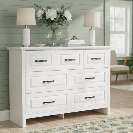 Marsail Farmhouse 7 Drawer Dresser, Wood Chest of Drawers with Natural Texture, Smooth Gliding Drawers, Versatile Storage Organizer Cabinet for Bedroom & Living Room, White Marsail