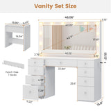 Hasuit Makeup Vanity Desk with Large Lighted Mirror and 9 Drawers, Large Vanity Desk with Storage Rack, Hook, Crystal Handle, White Bedroom Vanity Table Set with Charging Station, Lights Adjustable Hasuit