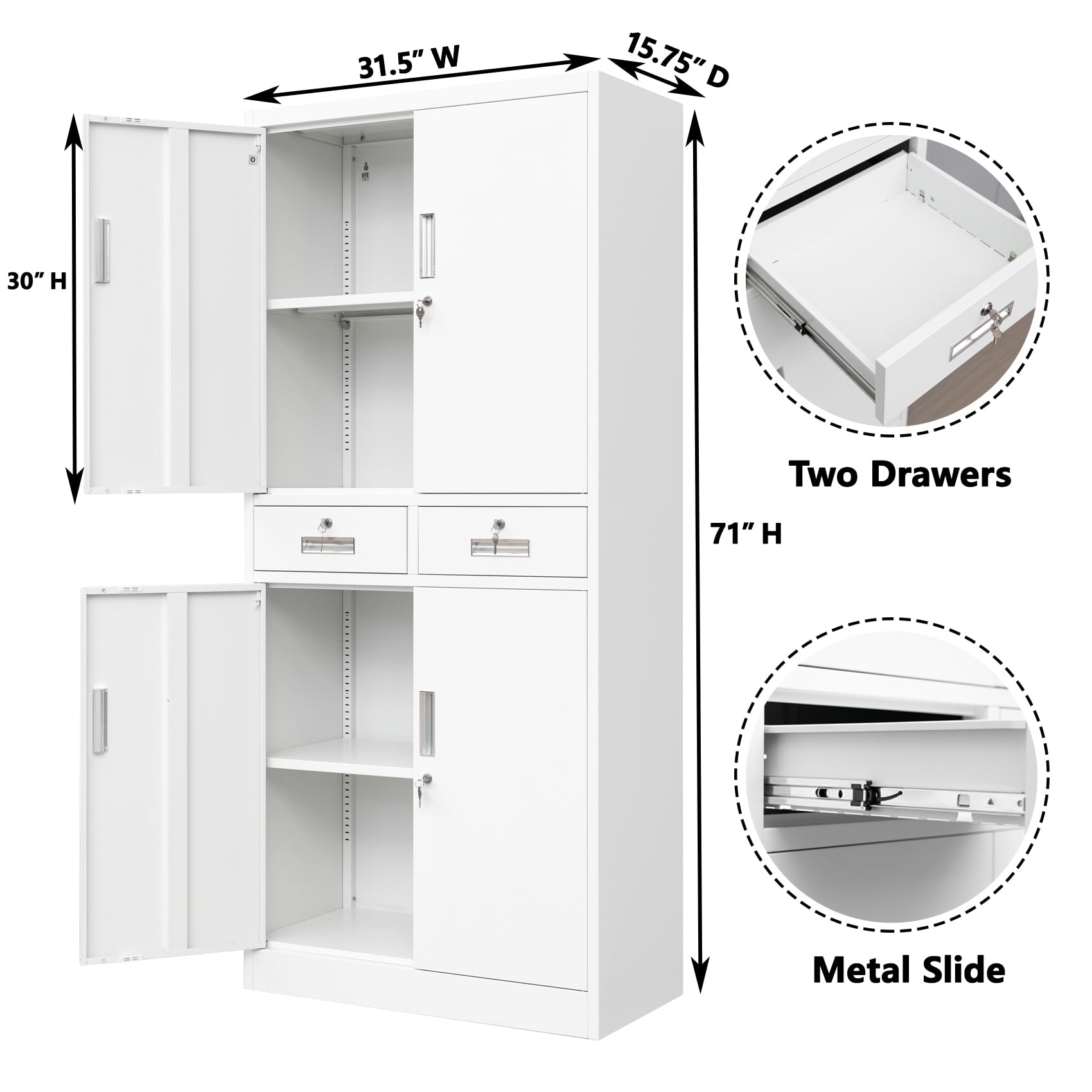 BESFUR Metal Storage Cabinet, Locking Storage Cabinet with Drawers and Adjustable Shelves for Garage, Office, Classroom- White - WoodArtSupply