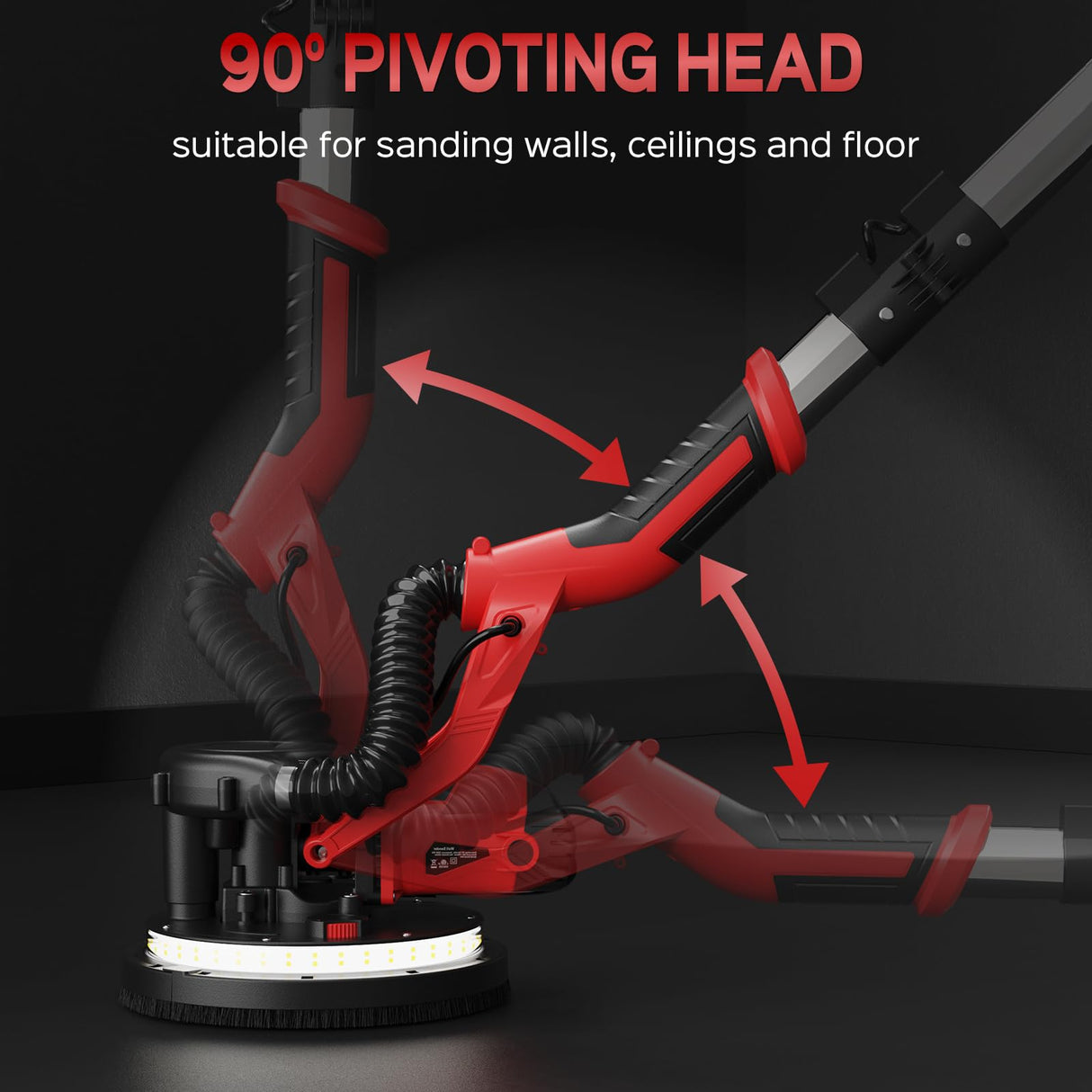 IMQUALI Drywall Sander with Vacuum Dust Collector(02/11/2025 Upgraded) 8-Amp Popcorn Ceiling Removal Tool with 7 Variable Speed 800-1800RPM, Extendable Handle, LED Light, 12pcs Sanding Discs, Red IMQUALI