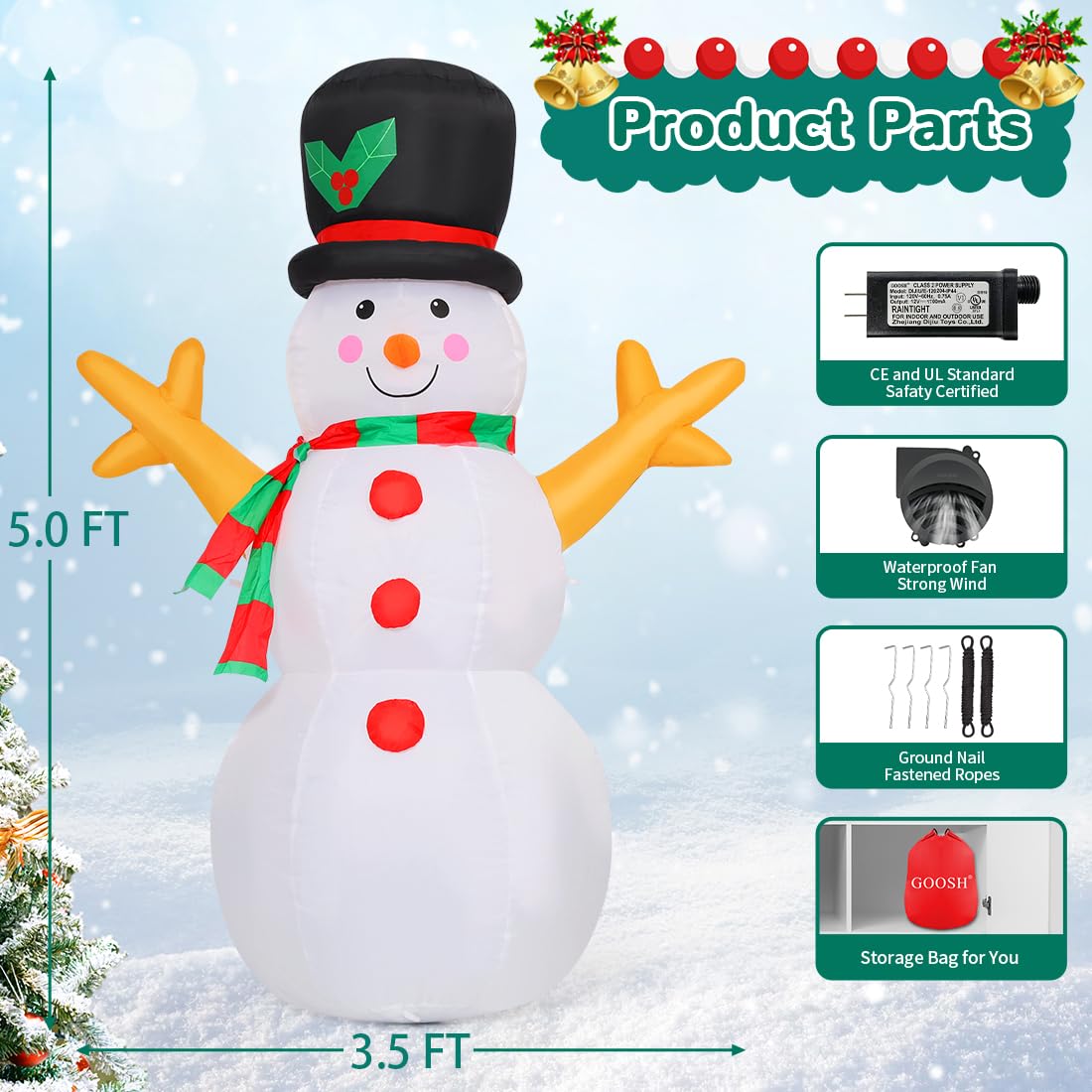GOOSH 5 FT Christmas Snowman Inflatable Decoration Blow Up Snowman Outdoor Christmas Yard Decoration with Branch Hand Blow Up Holiday Indoor Outdoor Party Garden Yard Decoration GOOSH