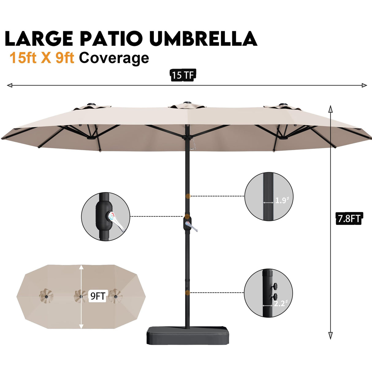 DomeShade 15ft Patio Umbrella with Base,Large Outdoor Double-Sided Rectangle Umbrella with Crank Handle, Market Umbrella for Poolside Garden Deck Backyard Beach Pools, Beige DomeShade