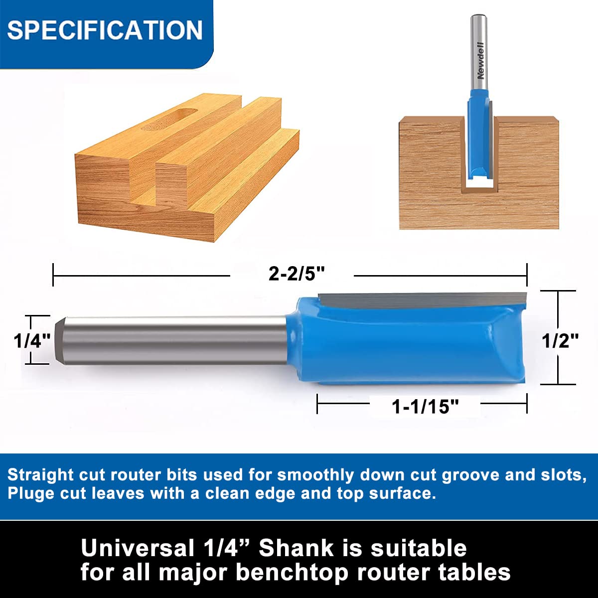 1/4 Straight Router bit Set, Newdeli Double Flute Straight Bit Set in Carbide Tipped, Woodwork Carbide Wood Milling Cutter Woodworking Tools Newdeli