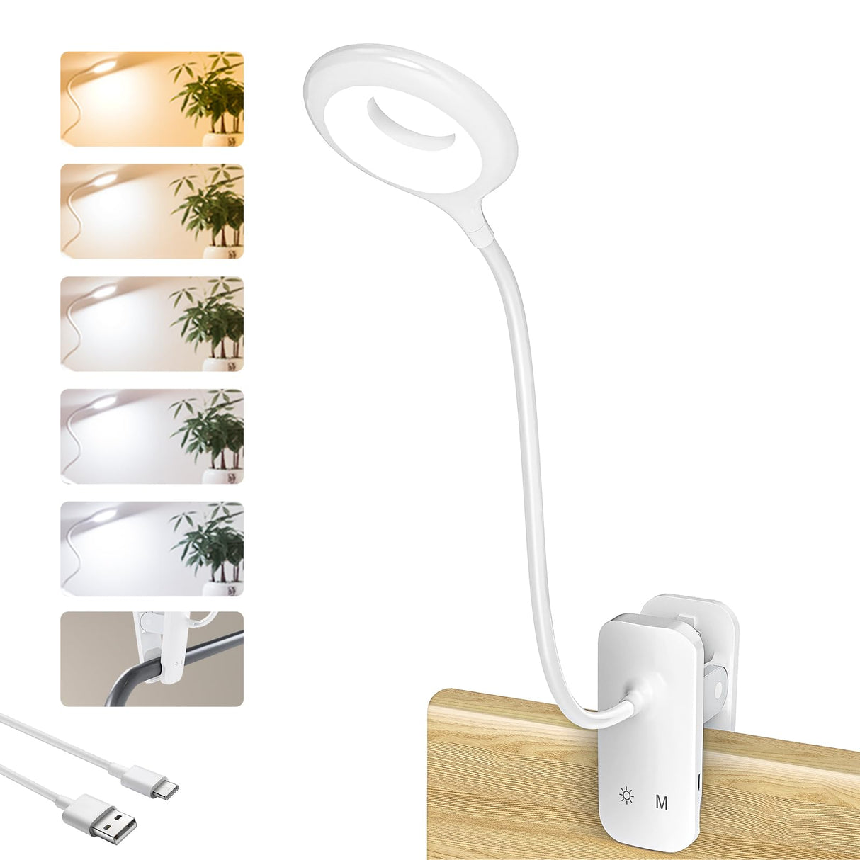 CUHIOY Clip on Reading Light for Bed Headboard, Rechargeable Battery Clamp on Bunk Bed Light, 5 Colors 5 Brightness Flexible Neck Desk Lamp, Eye Protect LED Touch Control Book Lights at Night for Kids CUHIOY