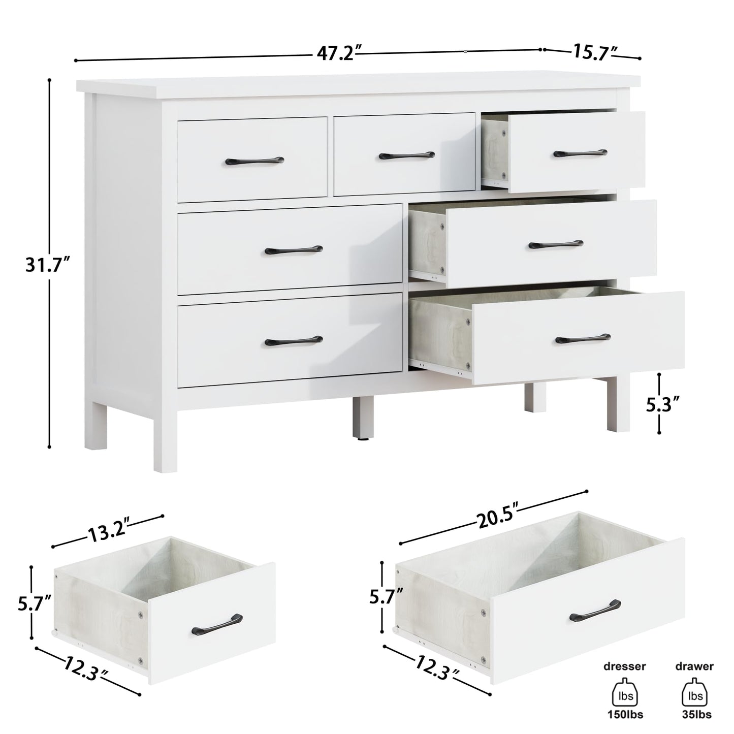 Tradare White Dresser for Bedroom with 7 Drawer,Wooden Double Dresser with Metal Handles, Wide Chest of Organizer Storage Drawers for Living Room, Hallway, Entryway