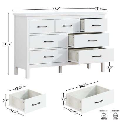 Tradare White Dresser for Bedroom with 7 Drawer,Wooden Double Dresser with Metal Handles, Wide Chest of Organizer Storage Drawers for Living Room, Hallway, Entryway