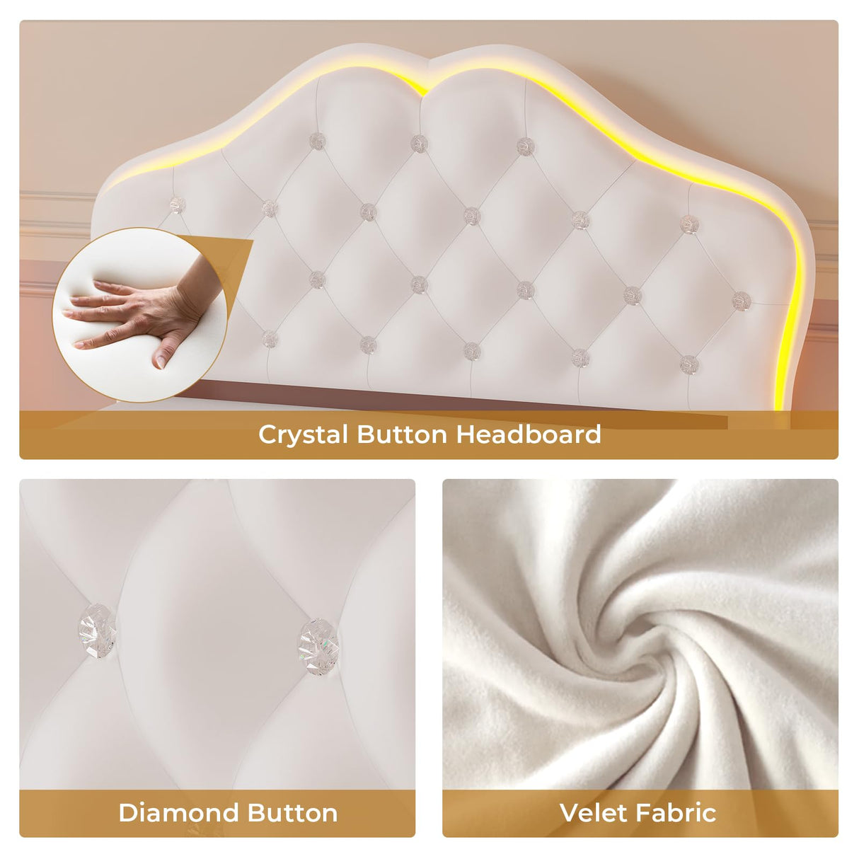 ADORNEVE Twin Bed Frame with RGB LED Lights, Princess Bed Frame with Adjustable Crystal Button Headboard, Velvet Upholstered Platform Bed for Girls, Solid Wooden Slats, Easy Assembly, Creamy White ADORNEVE