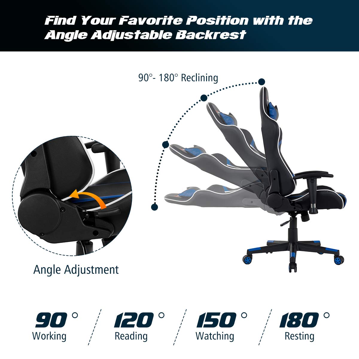 Goplus Gaming Chair, Massage Office Chair Computer Gaming Racing Chair, High Back PU Leather Adjustable Arms Headrest Ergonomic Reclining Game Chair, Rolling Swivel Executive Chair Goplus